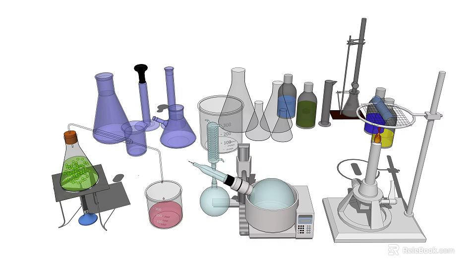 Industrial Laboratory Equipment Collection With Glass Beakers Test Tubes And Distillation Apparatus 3d model 