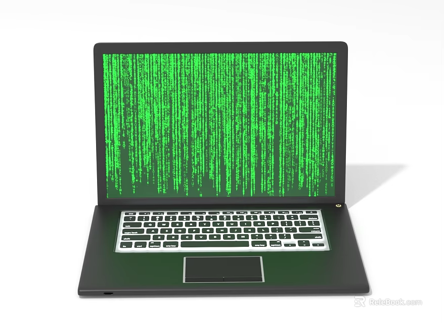 Black Laptop Displaying Green Code Scrolling On Screen Modern Electronic Device 3d model 