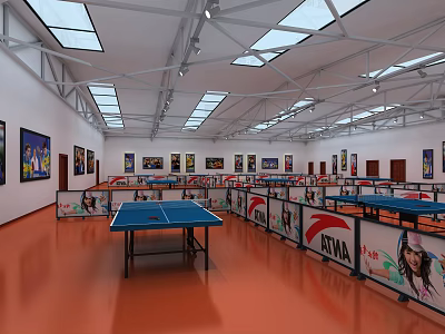 Indoor Table Tennis Fitness Area Featuring Blue Tables Dividers Wall Posters Skylights And Orange Floor 3d model