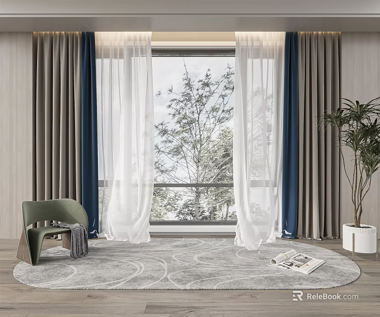 Double Layer Curtains With White Sheer And Dark Panels In Living Room With Window Tree 3d model 