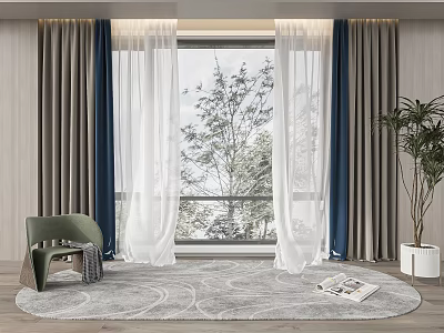 Double Layer Curtains With White Sheer And Dark Panels In Living Room With Window Tree 3d model