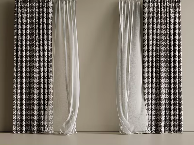 Modern Window Curtains Featuring Black And White Checkered Design With White Sheer Layers 3d model