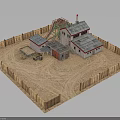 3D Model Scene of Wooden Fenced Sandy Area With Buildings And Mechanical Structure