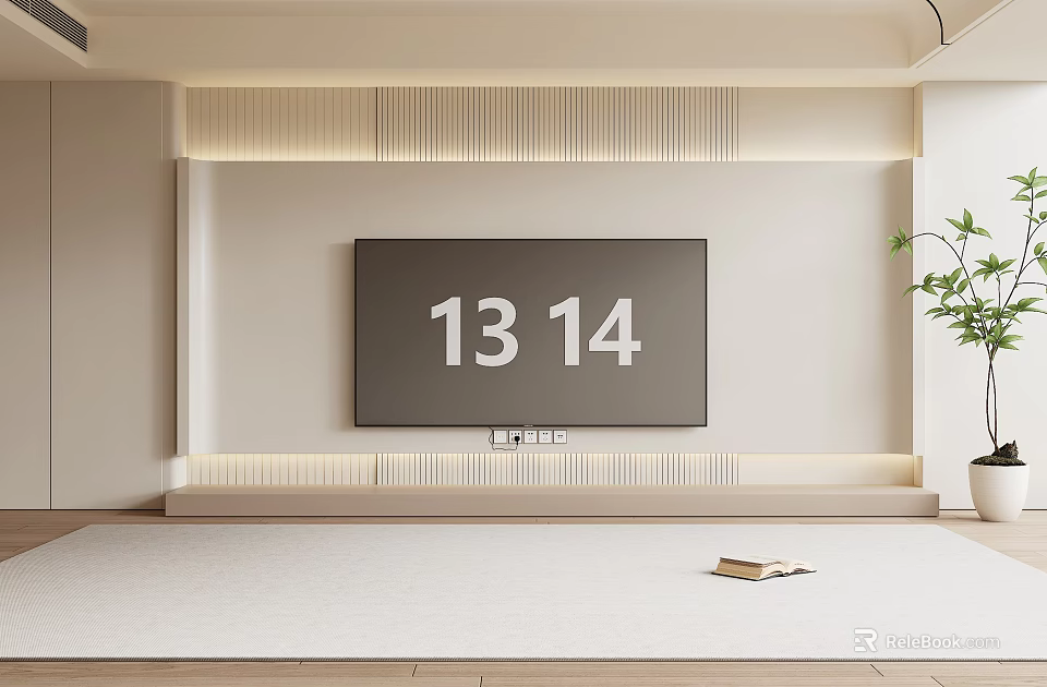Minimalist TV Background Wall With Light Wooden Panel LED Strip And TV Screen 3d model 