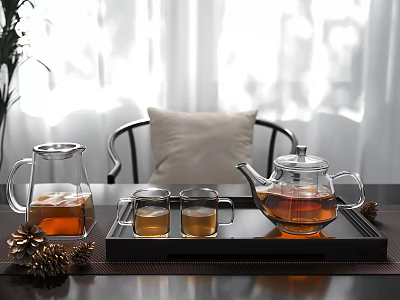 Glass Tea Set With Teapot Cups On Black Tray And Pine Cones In Natural Light 3d model