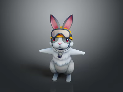 Cute 3D Rabbit Character Wearing Yellow Helmet Goggles And White Fur 3d model