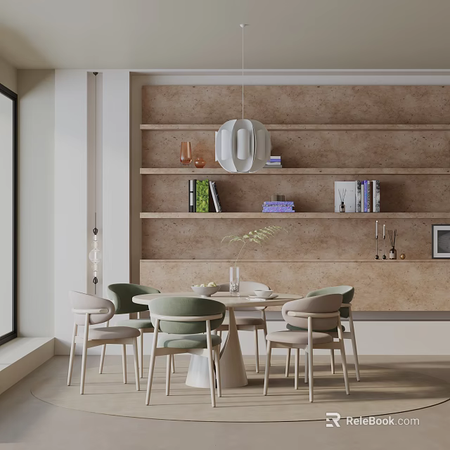 Modern Dining Table Set with Chairs Pendant Light Wall Shelves Books and Decorative Plant 3d model 