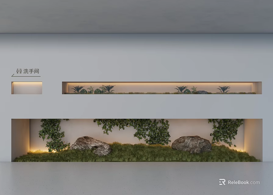 Serene Indoor Landscape Interior With Ivy Plants Decorative Rocks And Warm Lighting 3d model 
