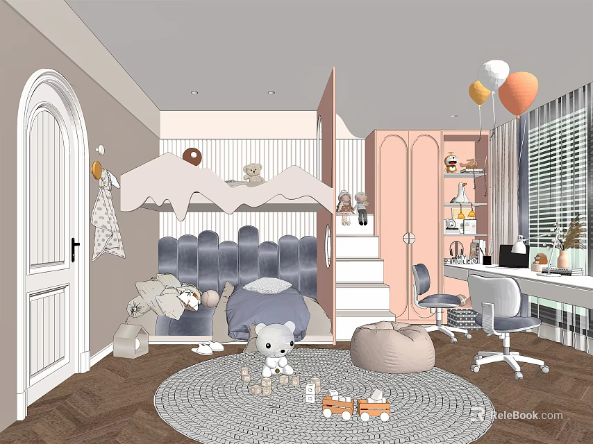 Cozy Kids Room Interior With Bunk Bed Pink Cabinets Desk Chair Toys And Rug 3d model 