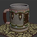 Decorative Metal And Wooden Mug With Shield Motifs Brown Handle On Intricate Patterned Mat