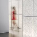 Interior Scene Featuring Blurred Red Dress Figure Walking By White Grid Screen 3d model
