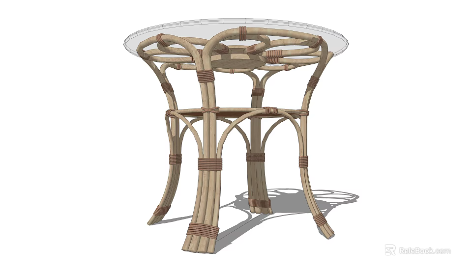 Natural Rattan Round Table With Transparent Glass Top And Woven Legs Design 3d model 