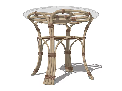 Natural Rattan Round Table With Transparent Glass Top And Woven Legs Design 3d model