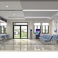 Modern Waiting Hall Interior With Blue Chairs Glass Doors Ceiling Lights Vending Machine And Windows