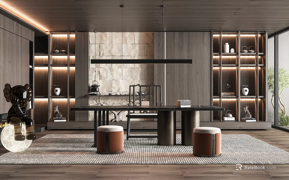 Modern Study Room Interior With Wooden Bookshelves Writing Desk And Warm Lighting 3d model 