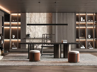 Modern Study Room Interior With Wooden Bookshelves Writing Desk And Warm Lighting 3d model