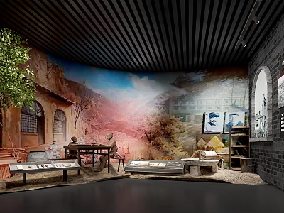 Traditional Cultural Center Interior With Rural Mural Display Tables Exhibits And Brick Wall 3d model