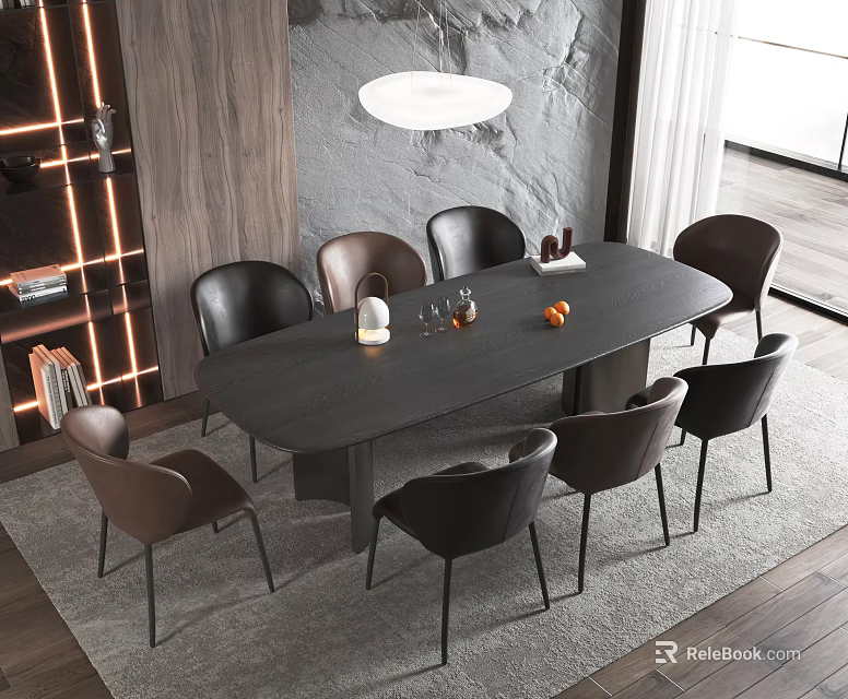 Modern Dining Table Set Featuring Black Rectangular Table Brown Chairs and Pendant Light 3d model