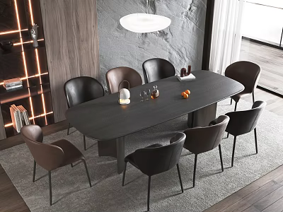 Modern Dining Table Set Featuring Black Rectangular Table Brown Chairs and Pendant Light 3d model