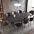 Modern Dining Table Set Featuring Black Rectangular Table Brown Chairs and Pendant Light 3d model