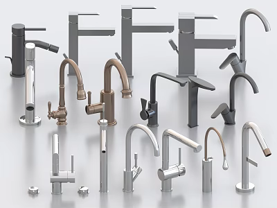 Showcase Of Modern Faucets With Diverse Designs And Stylish Metallic Finishes 3d model