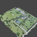 Aerial View of Park with Green Grass Trees Parking Lot and Basketball Court