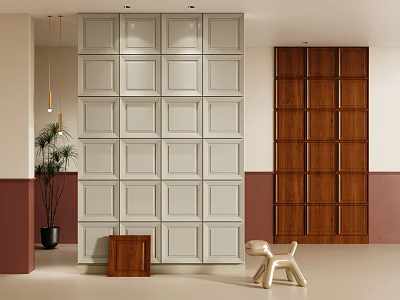 Modern Interior Featuring Light Gray And Wooden Brown Wall Paneling Square Design And Decor Accents 3d model