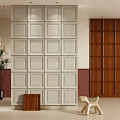 Modern Interior Featuring Light Gray And Wooden Brown Wall Paneling Square Design And Decor Accents