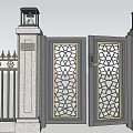 Wrought Iron Entrance Gate With Geometric Pattern Stone Pillars And Lanterns 3d model