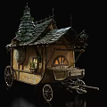 Medieval House like Carriages with Pointed Tiled Roofs Ivy Covered Wooden Wheels and Barrels