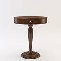 Round Dark Brown Wooden Side Table With Textured Surface Drawer And Carved Base