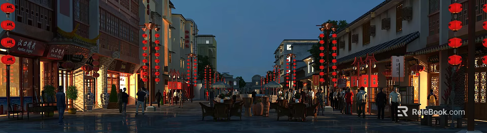 Evening Commercial Street Scene With Red Lanterns Traditional Buildings and Outdoor Seating 3d model 
