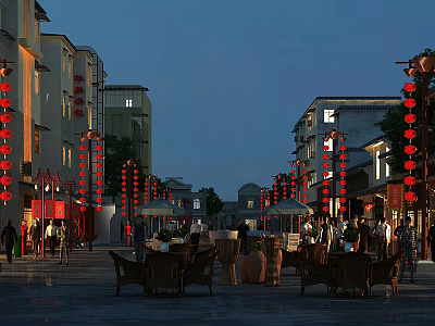Evening Commercial Street Scene With Red Lanterns Traditional Buildings and Outdoor Seating 3d model