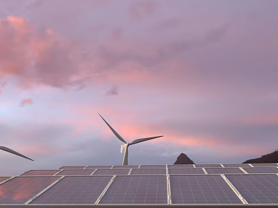 Modern Solar Panels And Wind Turbines Under Pink Sky With Mountain 3d model
