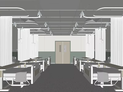 Spacious Hospital Ward Interior With Multiple Beds Curtains Central Door And Ceiling Lights 3d model