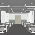 Spacious Hospital Ward Interior With Multiple Beds Curtains Central Door And Ceiling Lights