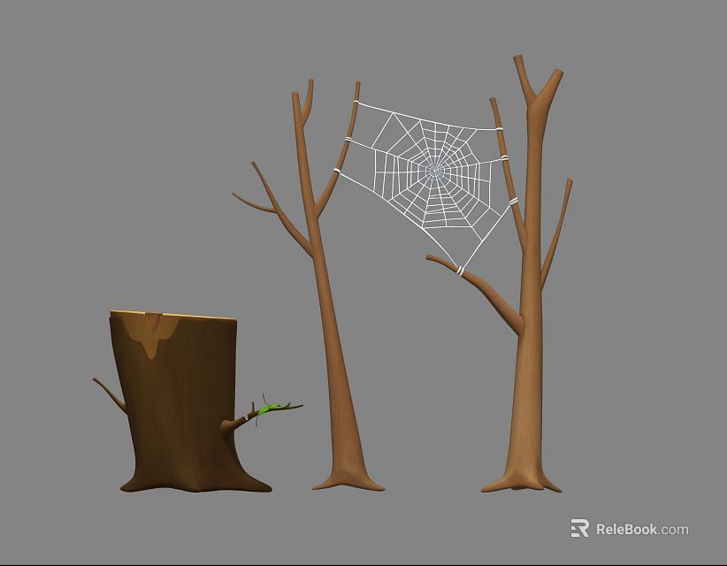 Leafless Trees with Spider Web Between Trunks and Tree Stump With Small Green Shoot 3d model