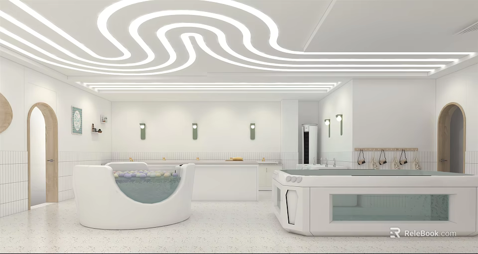 Modern White Swimming Pool Interior With Curved Light Strip Ceiling And Wall Lamps 3d model 