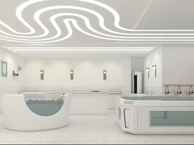 Modern White Swimming Pool Interior With Curved Light Strip Ceiling And Wall Lamps 3d model