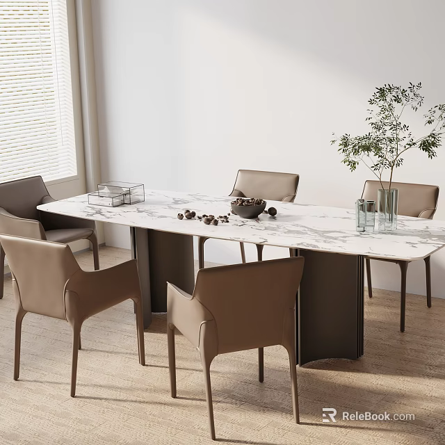 Elegant Dining Table Set With Marble Top Beige Chairs Decorative Items And Potted Plant 3d model 