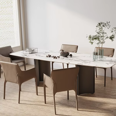 Elegant Dining Table Set With Marble Top Beige Chairs Decorative Items And Potted Plant 3d model