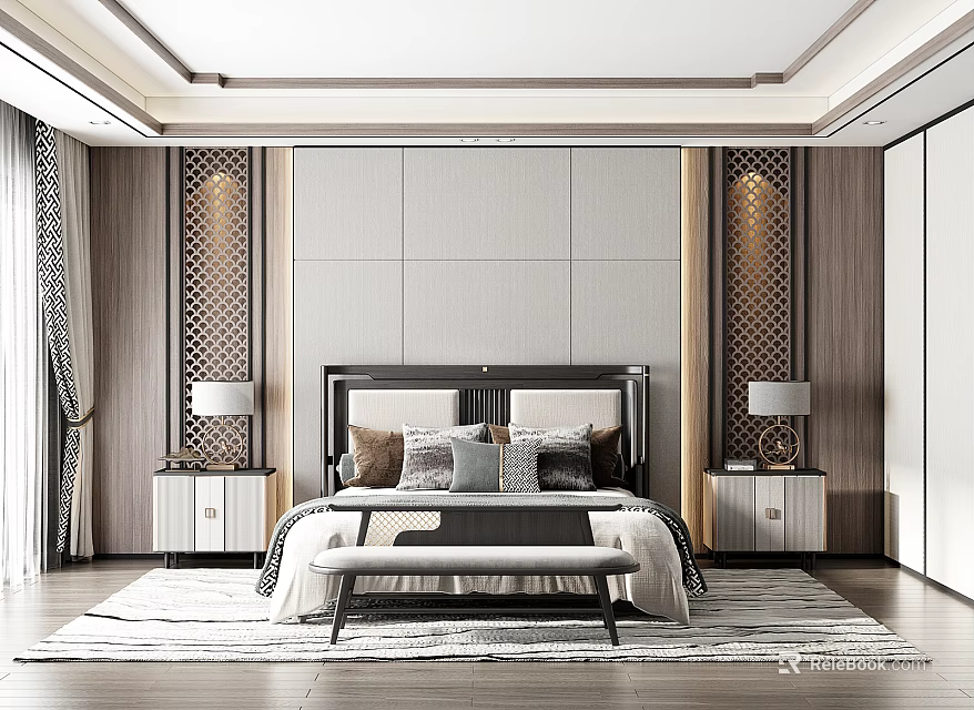 Modern Bedroom Interior With Wooden Walls Upholstered Headboard Symmetrical Nightstands Carpet And Bench 3d model 