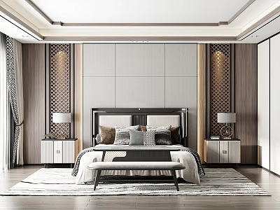 Modern Bedroom Interior With Wooden Walls Upholstered Headboard Symmetrical Nightstands Carpet And Bench 3d model