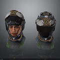 Futuristic SciFi Tactical Helmets 3D Model With Metallic Visor And Neck Support