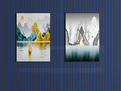 Two Wall Art Paintings On Blue Striped Wall With Mountain Scenery Boat Moon And Deer 3d model