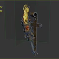 Burning Torch With Rusty Metal Construction And Flaming Fire On Bracket Against Gray Background