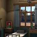 Vintage Room Interior With Wooden Furniture Wall Clock Blue Curtains Photo Bed And Desk