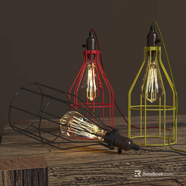 Industrial Style Floor Lamps With Red Yellow Black Metal Frame And Exposed Filament Bulbs 3d model 