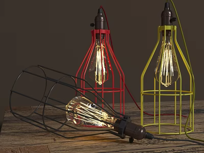 Industrial Style Floor Lamps With Red Yellow Black Metal Frame And Exposed Filament Bulbs 3d model