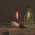 Industrial Style Floor Lamps With Red Yellow Black Metal Frame And Exposed Filament Bulbs